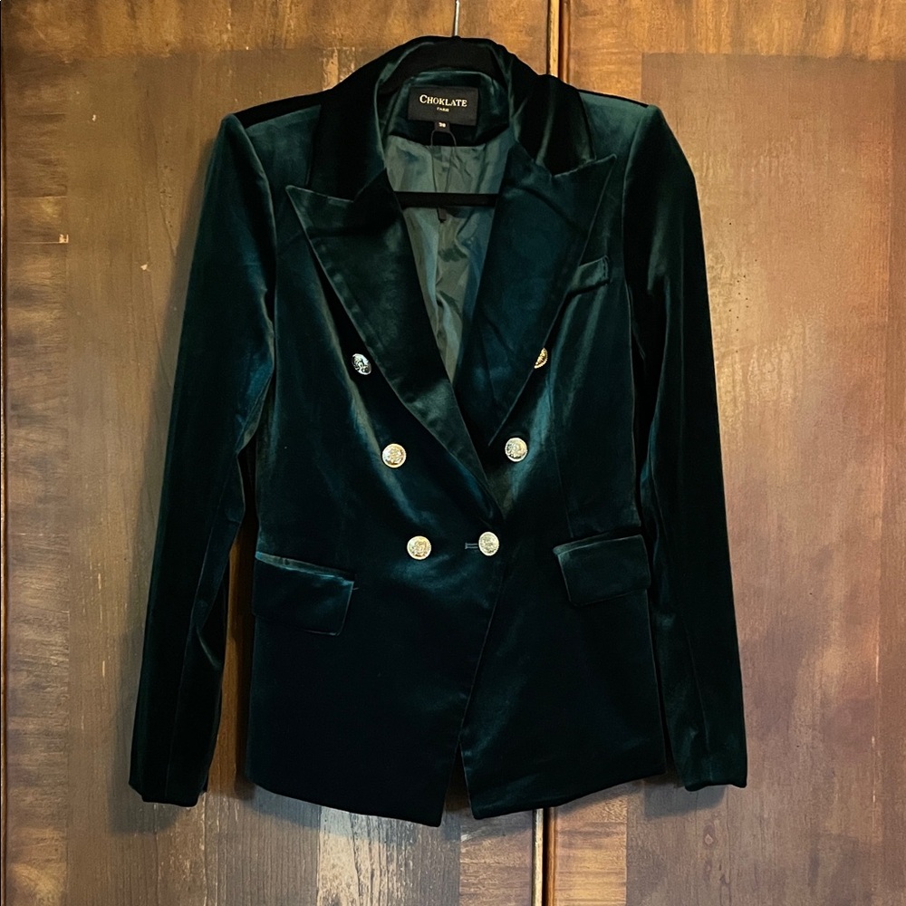 Emerald green velvet jacket with gold buttons by Choklate Paris size 38